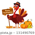 Turkey bird stands next to a pumpkin with corn and holds a wooden sign on a white. Happy Thanksgiving 131490769