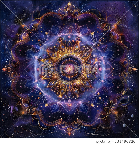 This cosmic mandala showcases intricate designs blending vibrant colors with celestial themes, revealing the mysteries of the universe This cosmic mandala showcases intricate designs blending vibrant colors with celestial themes, revealing the mysteries of the universe 131490826