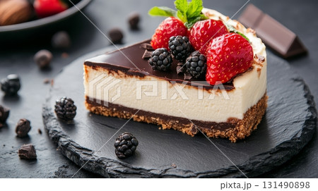 A beautifully crafted dessert showcases layers of creamy cheesecake, rich chocolate, and vibrant berries, elegantly arranged on a dark plate 131490898