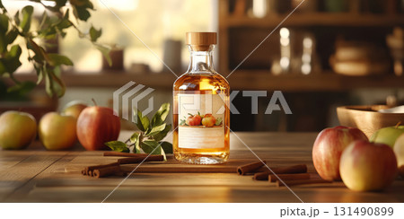 A glass bottle of apple cider vinegar sits on a wooden table, surrounded by red apples and cinnamon sticks, adding warmth to the kitchen 131490899