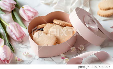 A pink heart-shaped box holds delicate cookies, surrounded by fresh tulips on a marble countertop, creating a romantic atmosphere 131490907