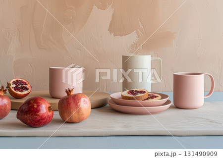Pink ceramic plates and mugs are arranged attractively on a neutral surface alongside fresh fruits and pastries for a stylish presentation 131490909