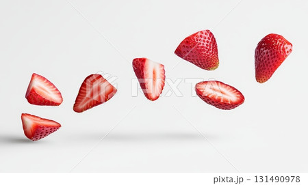 Multiple fresh strawberry slices are suspended in mid-air, showcasing their juicy, red color and inviting textures against a clean background 131490978