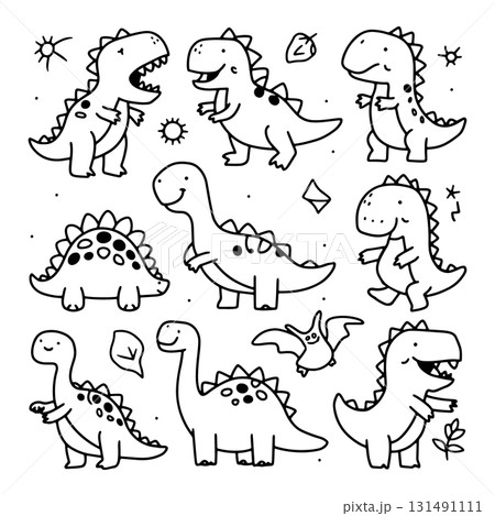 Cute dinosaur illustrations featuring various species in playful poses on a simple background 131491111