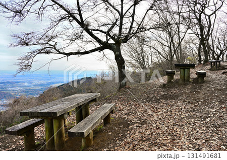 丹沢 相州アルプスの高取山山頂 桜の木を眺めるベンチ 丹沢 相州アルプスの高取山山頂 桜の木を眺めるベンチ 131491681
