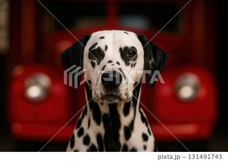 Dalmatian Portrait Against Vintage Red Fire Truck 131491743