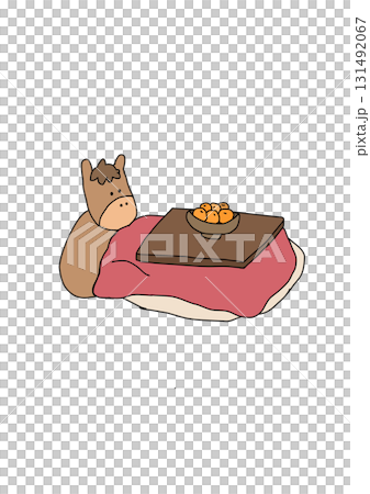Illustration of a horse sitting in a kotatsu 131492067