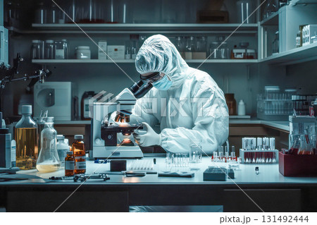 A researcher wears protective gear while analyzing samples with a microscope in a well-organized lab filled with equipment 131492444