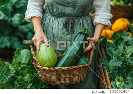 A woman in a green dress stands among leafy plants, holding a basket filled with vibrant vegetables on a sunny day 131492464