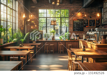 Bright cafe space featuring wooden tables, stools, and green plants with large windows allowing natural light to fill the room 131492526