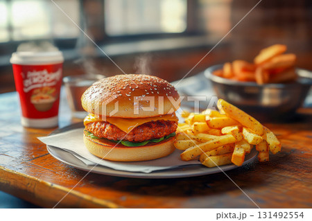 A delicious crispy chicken burger with cheese sits on a plate next to golden fries and a warm drink, all set on a wooden table 131492554