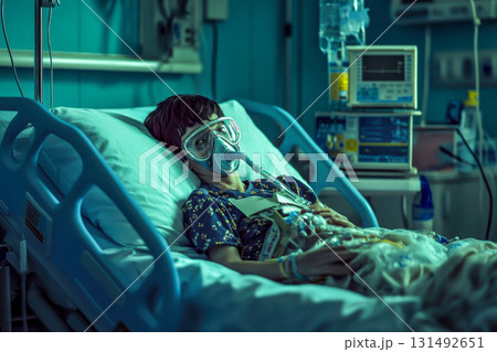 A young child rests in a hospital bed wearing an oxygen mask, surrounded by medical equipment and a colorful pediatric environment 131492651
