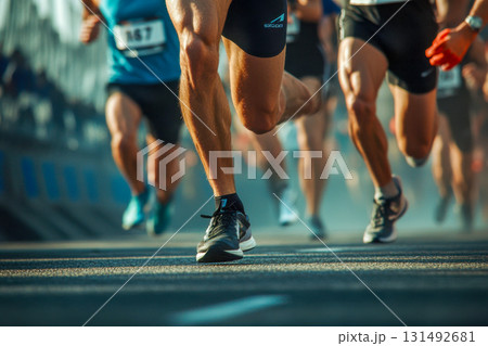 Competitive athletes sprint along a bustling city street, showcasing their speed and energy during a marathon event on a sunny day 131492681