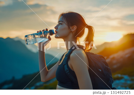 A young woman drinks water while hiking in the mountains during sunset, enjoying the beautiful scenery and staying refreshed A young woman drinks water while hiking in the mountains during sunset, enjoying the beautiful scenery and staying refreshed 131492725
