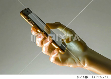 A hand is holding a smartphone, showing a sleek design, with a gentle glow in a calming atmosphere that emphasizes the technology 131492734