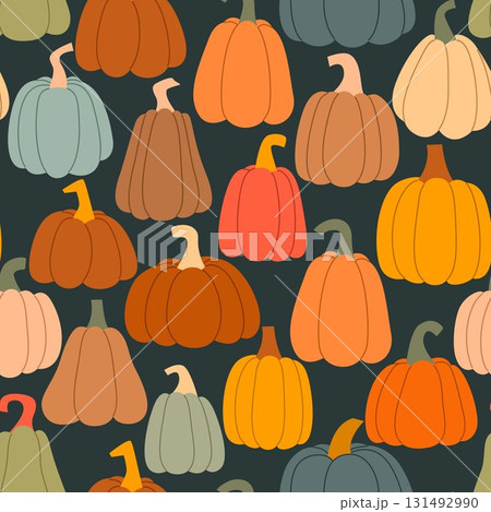 Different colored pumpkins on dark background create seamless pattern Different colored pumpkins on dark background create seamless pattern 131492990