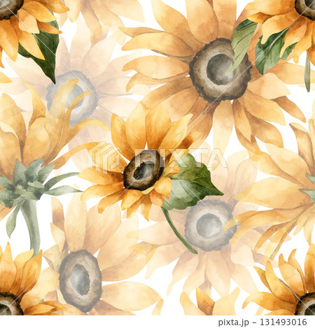 Sunflower Autumn garden yellow flowers. Watercolor hand painted floral seamless pattern on white background for fall design cozy prints cute home kitchen table textile fabric wrapping paper wallpaper Sunflower Autumn garden yellow flowers. Watercolor hand painted floral seamless pattern on white background for fall design cozy prints cute home kitchen table textile fabric wrapping paper wallpaper 131493016