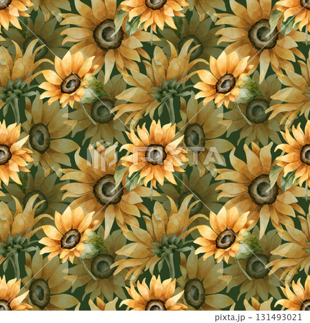 Sunflower Autumn garden yellow flowers. Watercolor hand painted floral seamless pattern on dark green background for fall design cozy prints cute home kitchen textile fabric wrapping paper wallpaper 131493021