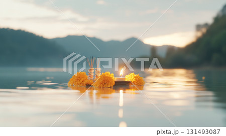 Loy Krathong festival with floating flowers and incense on water, background 131493087