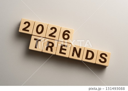 Wooden blocks forming phrase 2026 trends in arch layout, ideal for backgrounds 131493088