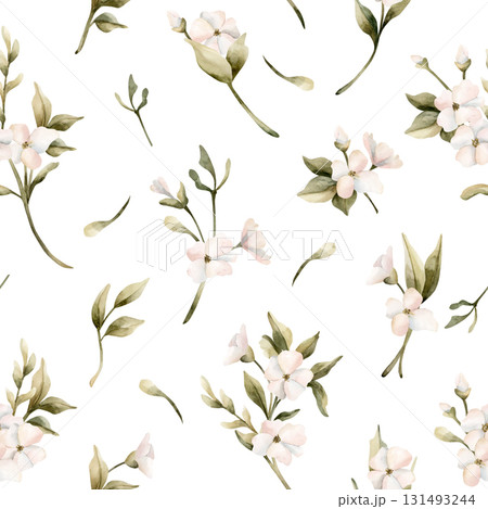 White small flowers with leaves seamless pattern. Jasmine, orange, apple blossom. Watercolor hand painted floral isolated illustration for wedding design home textile cosmetic package wrapping paper 131493244