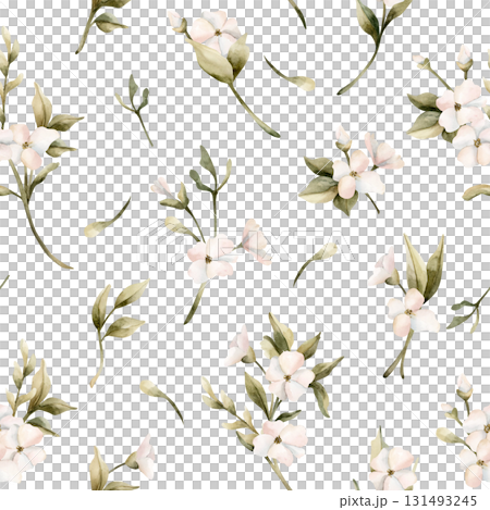 White small flowers with leaves seamless pattern. Jasmine, orange, apple blossom. Watercolor hand painted floral isolated illustration for wedding design home textile cosmetic package wrapping paper White small flowers with leaves seamless pattern. Jasmine, orange, apple blossom. Watercolor hand painted floral isolated illustration for wedding design home textile cosmetic package wrapping paper 131493245
