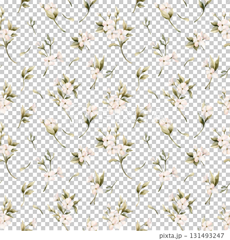 White small flowers with leaves seamless pattern. Jasmine, orange, apple blossom. Watercolor hand painted floral isolated illustration for wedding design home textile cosmetic package wrapping paper White small flowers with leaves seamless pattern. Jasmine, orange, apple blossom. Watercolor hand painted floral isolated illustration for wedding design home textile cosmetic package wrapping paper 131493247