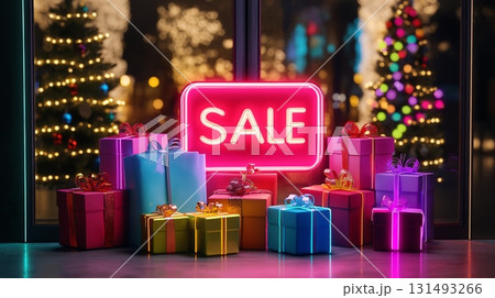 Neon sale sign glowing brightly amidst a generous heap of gifts 131493266