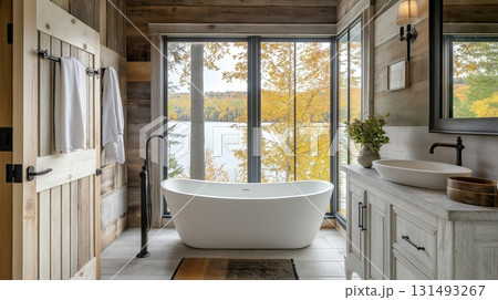 Luxurious modern bathroom with freestanding bathtub. Interior design for relaxation and vacation. Luxurious modern bathroom with freestanding bathtub. Interior design for relaxation and vacation. 131493267