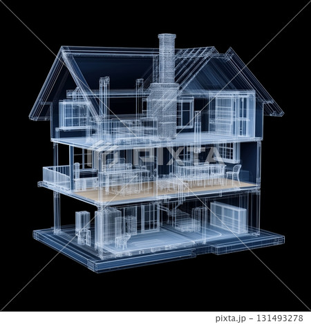 Transparent architectural design showcasing a modern house with multiple levels and open spaces 131493278