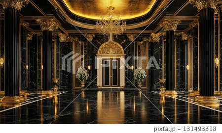 Elegant black palace hall with golden details and marble flooring 131493318