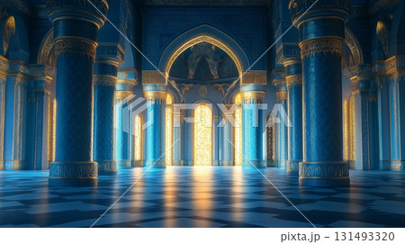 Grand palace blue interior of a historic hall with intricate designs and vibrant colors 131493320