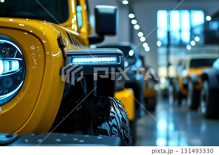 Yellow off-road vehicles lined up in a modern showroom during the day 131493330