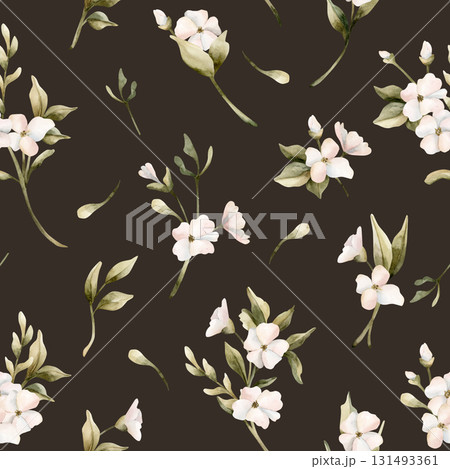 White small flowers with leaves seamless pattern. Jasmine, orange, apple blossom. Watercolor hand painted floral isolated illustration for wedding design home textile cosmetic package wrapping paper 131493361