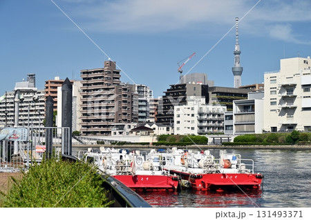 初秋の隅田川 赤と白に塗り分けられた消防艇とスカイツリー広がる秋の空 横構図 初秋の隅田川 赤と白に塗り分けられた消防艇とスカイツリー広がる秋の空 横構図 131493371
