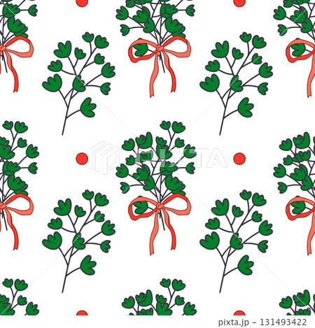 Green Branches with Red Bows Seamless Pattern 131493422