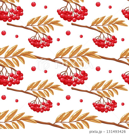 Rowan Berry Branches and Leaves Seamless Pattern 131493426