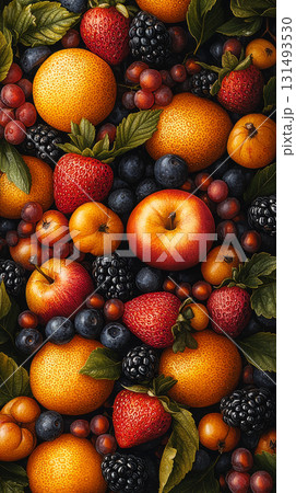 Illustration of fruit harvest, apples, grapes, berries, pears. AI generative 131493530