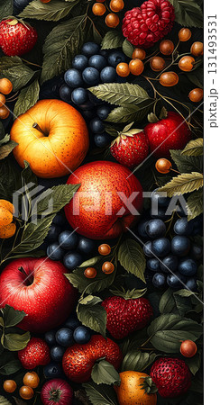 Illustration of fruit harvest, apples, grapes, berries, pears. AI generative 131493531