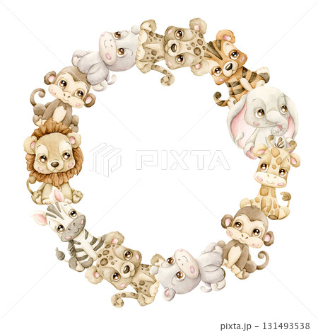 Cute Animals Wreath. Safari Jungle Tropical Exotic Watercolor hand painted summer pastel neutral isolated illustration on white background lion giraffe for nursery kids baby shower card logo label 131493538