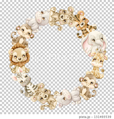 Cute Animals Wreath. Safari Jungle Tropical Exotic Watercolor hand painted summer pastel neutral isolated illustration on white background lion giraffe for nursery kids baby shower card logo label 131493539