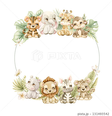 Cute Animals Plants Wreath. Safari Jungle Tropical Exotic leaves Watercolor hand painted summer pastel neutral isolated illustration on white background for nursery kids baby shower card logo label 131493542