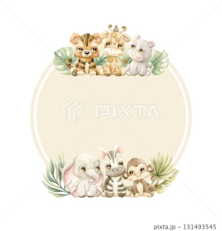Cute Animals Plants Wreath. Safari Jungle Tropical Exotic leaves Watercolor hand painted summer pastel neutral isolated illustration on white background for nursery kids baby shower card logo label 131493545