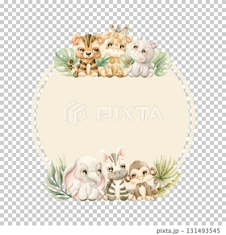 Cute Animals Plants Wreath. Safari Jungle Tropical Exotic leaves Watercolor hand painted summer pastel neutral isolated illustration on white background for nursery kids baby shower card logo label 131493545