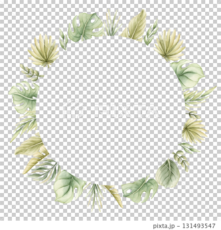 Monstera Palm Leaves Branches Tropical Exotic green plants wreath. Watercolor hand painted summer pastel neutral isolated illustration on white background for nursery kids baby card logo label 131493547