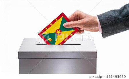 グレナダの国旗の投票用紙を投票する手と投票箱。選挙。 131493680