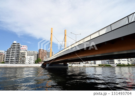 初秋の隅田川の流れ 新大橋の上流側の風景 対岸のマンションと広がる秋の青空と白い雲 131493704