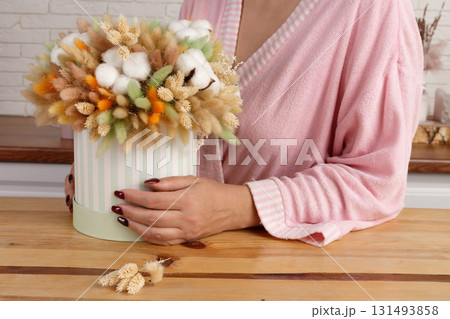 Exquisite Dried Floral Arrangement in Stylish Round Box for Long Lasting Home and Office Decor Exquisite Dried Floral Arrangement in Stylish Round Box for Long Lasting Home and Office Decor 131493858
