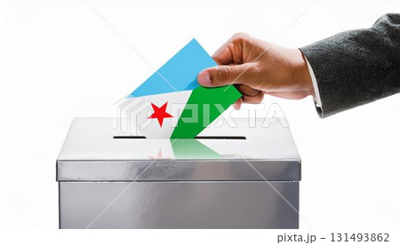 ジブチの国旗の投票用紙を投票する手と投票箱。選挙。 131493862
