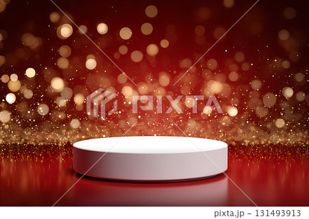 White pedestal is on a red background with a lot of sparkles 131493913